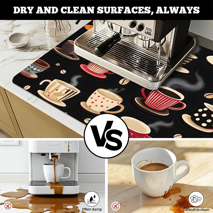 Dish Drying Mat Large Coffee Mat Absorbent Drying Mat for Kitchen Counter Coffee Bar Accessories 32"x 17", Latte Cups 2