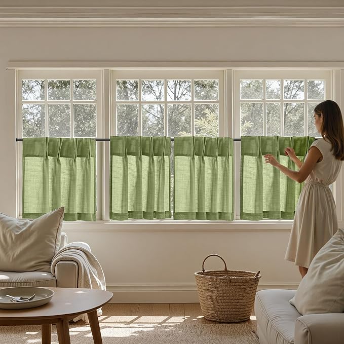 jinchan Linen Pinch Pleated Back Tab Tier Curtains, 26x24, 2 Panels, Green | Light filtering,small window treatment,cafe curtains,machine washable,farmhouse,kitchen,bathrooms,laundry