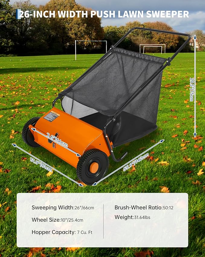 Garvee 26" Push Lawn Sweeper, Heavy Duty Walk Behind Leaf Collector | Yard Sweeper for Outdoor, Patio, Driveway, Garden Grass Sweepers, 4 High Speed Spinning Brush, 7 Cu. ft Hopper Capacity