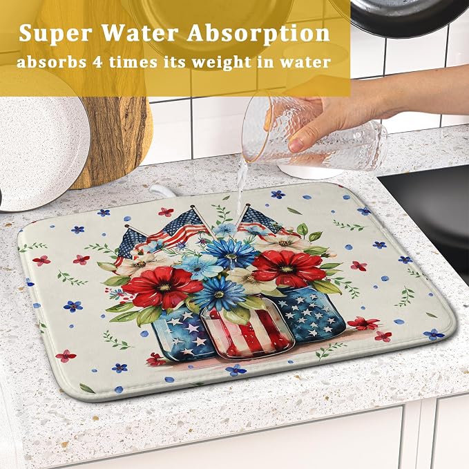 Giwawa American Patriotic Floral Dish Drying Mat Flower Vase Drainer Rack Mats 16"x18" Absorbent Microfiber Dish Dry Pad for Kitchen Counter Sink