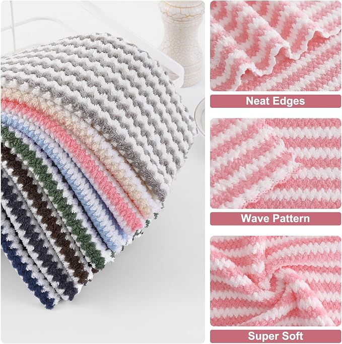 Homaxy 12 Pack Kitchen Dish Cloths, Ultra Soft and Absorbent Dish Towels, Reusable Fast Drying Microfiber Cleaning Cloth, Coral Velvet Wave Design No-lint, 10 x 10 inches, Pink