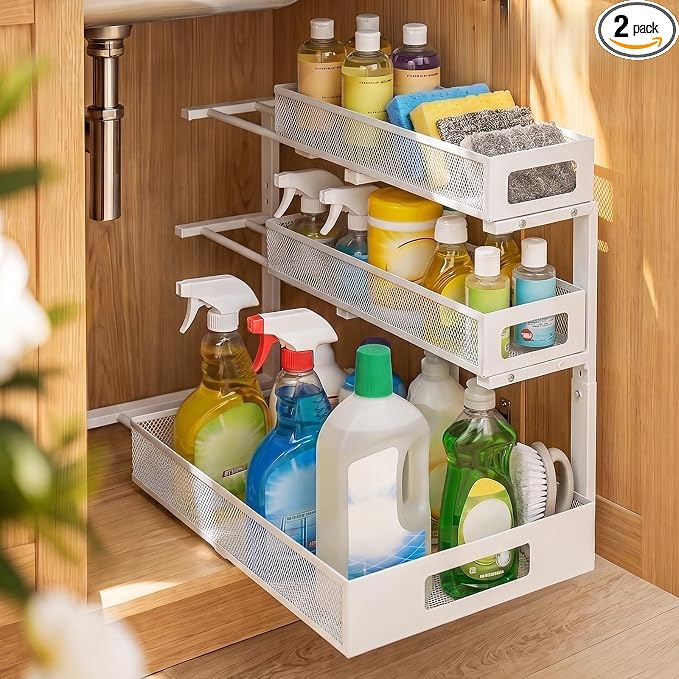 3 Tier Under Sink Organizer,2 Pack Pull Out Cabinet Shelves with Adjustable Height,Heavy Duty Carbon Steel L-Shaped Storage for Kitchen Bathroom Sink,Pantry & Laundry,White