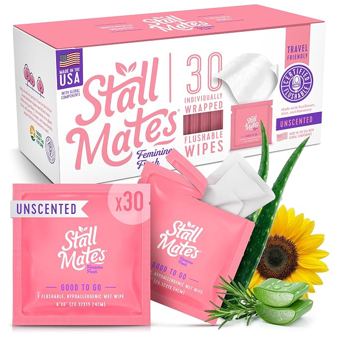 Stall Mates Feminine Fresh - Flushable Wipes, Individually Wrapped Cleansing Travel Friendly PH balanced Unscented with Sunflower, Rosemary and Aloe (30 on-the-go singles)