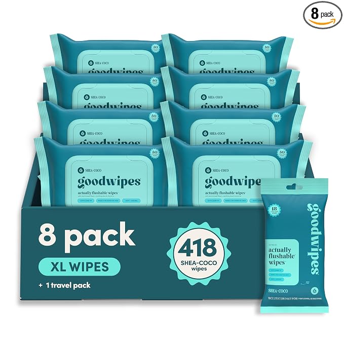 goodwipes Flushable Wipes Bulk Pack, Shea-Coco Adult Wet Wipes for Women & Men, Sewer & Septic Safe, Toilet & Bathroom Essentials, Extra Large, 418 Count (8 Packs and 1 Travel Pack)