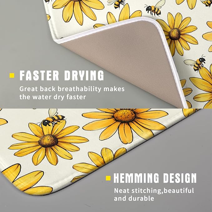 Spring Summer Sunflower Bee Dish Drying Mat 16×18 Inch | Polyester，Absorbent Microfiber，for Kitchen Coffee Dining Bar Decor