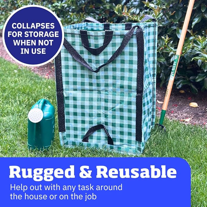 DURASACK Heavy Duty Home and Yard Bags 48-Gallon Reusable Self-Standing Lawn and Leaf Bags Garbage Can with Reinforced Handles, Gingham Green, 3 Pack