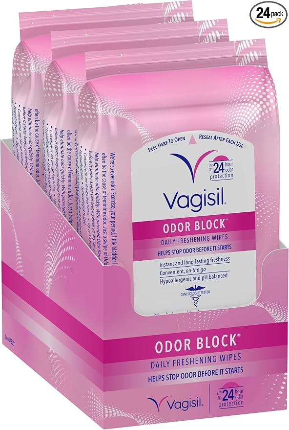Vagisil Odor Block Daily Freshening Wipes for Feminine Hygiene in Resealable Pouch, Gynecologist Tested & Hypoallergenic, 20 Wipes (Pack of 24)