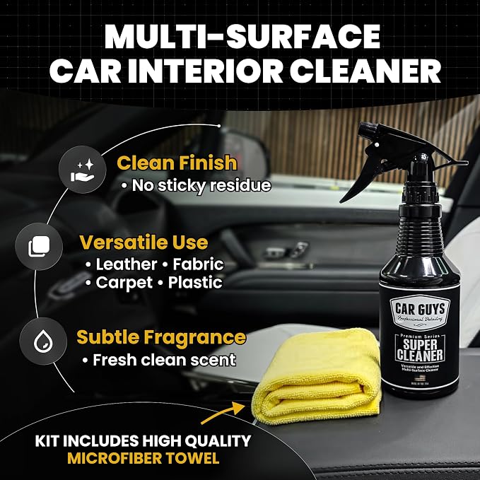 CAR GUYS Interior Car Cleaner for Tough Stains | Stain Remover for Car Seats, Carpet, Upholstery, & Leather | 18 Oz Kit with Microfiber Towel
