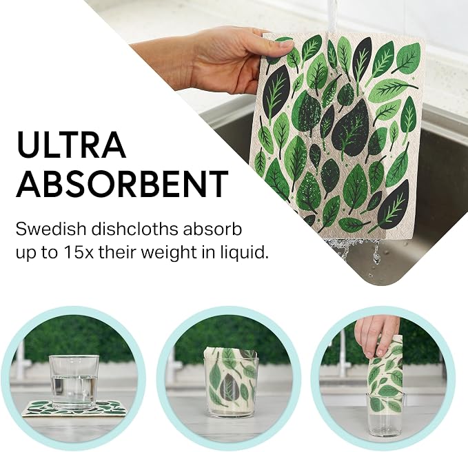 Swedish Wholesale Dishcloths Reusable 8" x 7" Sponge Cloths, Bulk 10 Pack of High Absorbent Cellulose Dish & Kitchen Cleaning Hand Towels, Wring to Dry & Machine Wash, Odor Resistant, Leaves