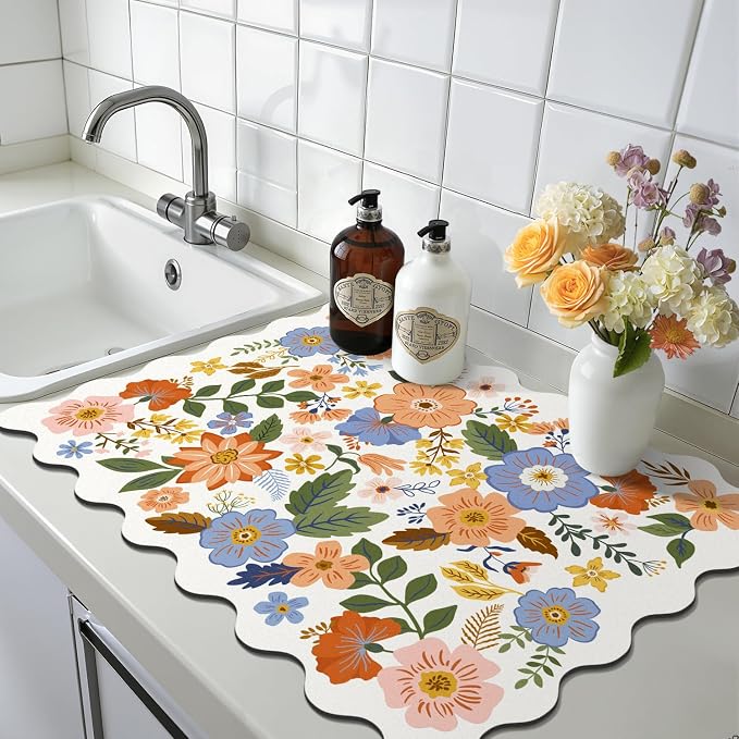 LOKHOM Scalloped Floral Dish Drying Mat, 18"x24" Super Absorbent Coffee Mat with Unique Spring Wildflowers, Cuttable Hide Stain Non-slip Drying Mat for Kitchen Counter Coffee Maker Espresso Machine