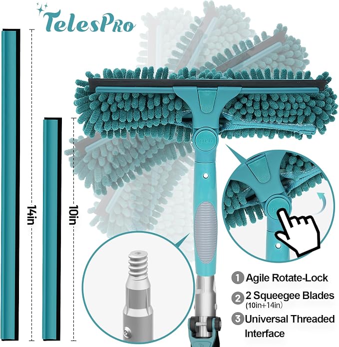 TelesPro 30 Feet High Reach Window Squeegee with 6-24 Ft Extension Pole, Window Cleaner Tool with 5-Stage Telescoping Pole, Window Cleaning Kit with Rotatable Head (2 Squeegee & 2 Microfibre Cloths)