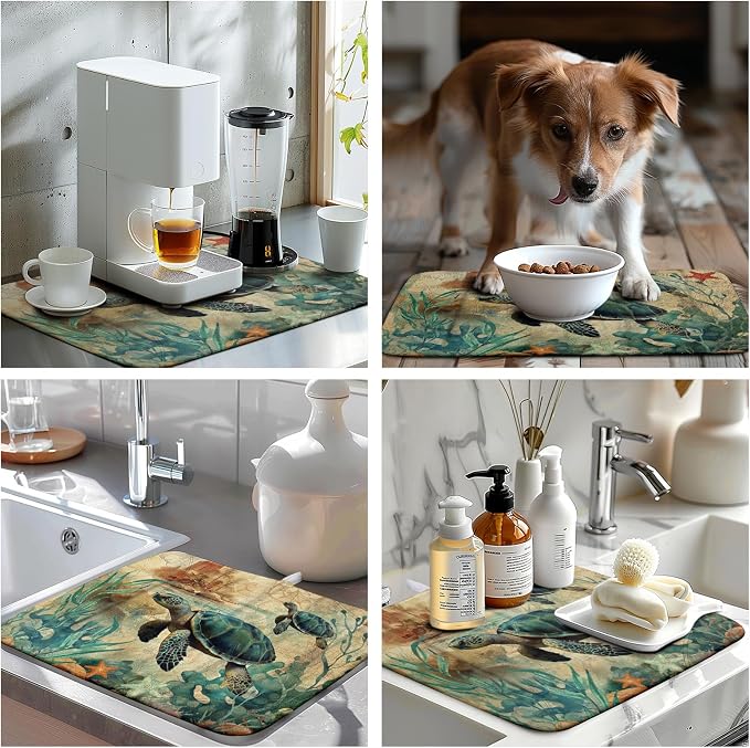 Vintage Ocean Sea Turtle Dish Drying Mats for Kitchen Counter 16 X 18 Inch Summer Turtle Dish Mat Drying Kitchen Mat Nautical Coastal Absorbent Drying Mat with Hanging Loop, 240219