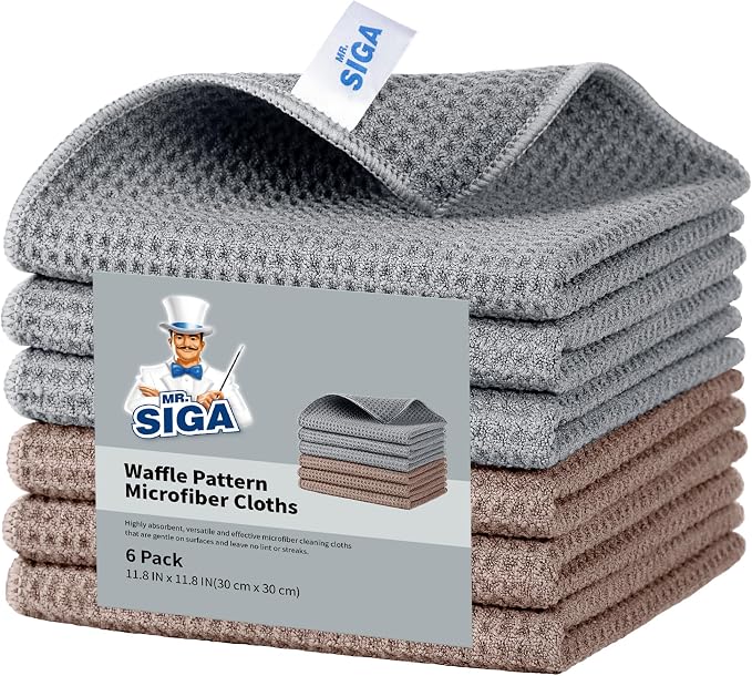 MR.SIGA Waffle Pattern Cleaning Cloths, Reusable Absorbent Microfiber Cleaning Cloths, Lint Free Microfiber Kitchen Towels, 6 Pack, Gray, 11.8 x 11.8 inch
