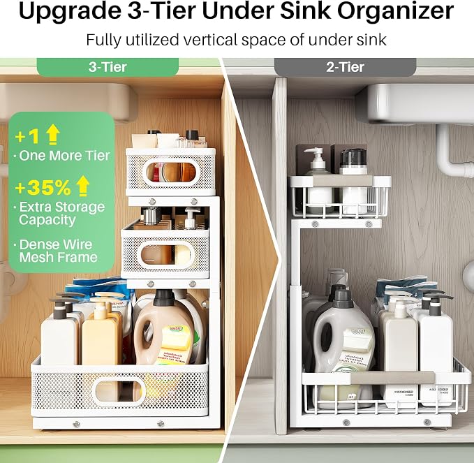 Kitstorack Under Sink Organizer, 2-Pack 3-Tier Height Adjustable Thickened Metal Pull out Cabinet Organizer Shelf, Slide out Storage Drawer Rack for Bathroom Kitchen Pantry Home Laundry Organization