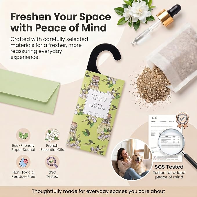 Large 12 Packs White Gardenia Hanging Scented Sachets Long-Lasting Closet Deodorizer Air Freshener Fabric Refresher Odor Eliminator for Drawer Home Fragrance Gift Set