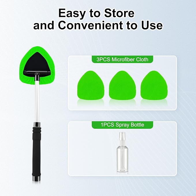 JUSTTOP Windshield Cleaner Tool, Car Interior and Exterior Window Cleaning Kit with Extendable Handle & 4 Reusable Microfiber Pads, Auto Glass Wiper Brush Kit for Car & Home Windows (Green)