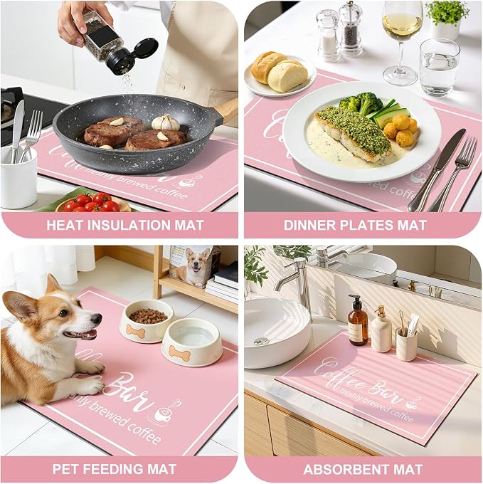 Findosom Dish Drying Mat, 12" x 20" Super Absorbent & Hide Stain Coffee Mat, Cuttable Drying Mat for Kitchen Counter, Coffee Bar Accessories, Under Dish Rack, Coffee Maker, Espresso Machine, Pink