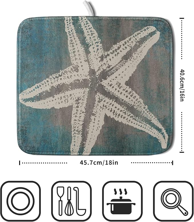 Giwawa Vintage Starfish Dish Drying Mat Coastal Beachy Nautical Drainer Rack Mat 16"x18" Absorbent Washable Dish Dry Pad for Kitchen Counter Sink