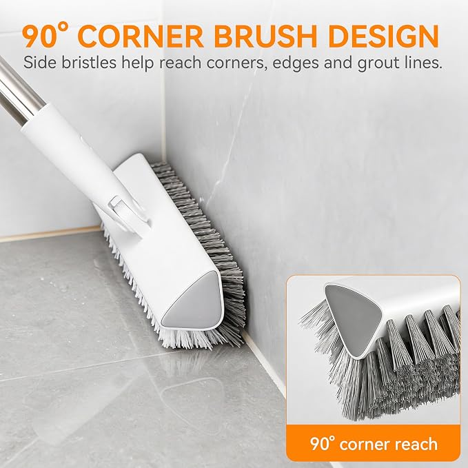 Scrub Brush with Long Handle, Extends to 55 in, Pivoting Triangle Head | Dual-direction stiff bristles work on push and pull strokes for bathtub, shower, tile, grout, patio and concrete