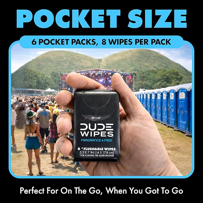DUDE Wipes Unscented Pocket Packs - Travel Wipes - 6 Packs of 8 (48 Count) - On-The-Go Adult Flushable Wipes for Sensitive Skin - Infused with Vitamin E and Aloe - Septic and Sewer Safe