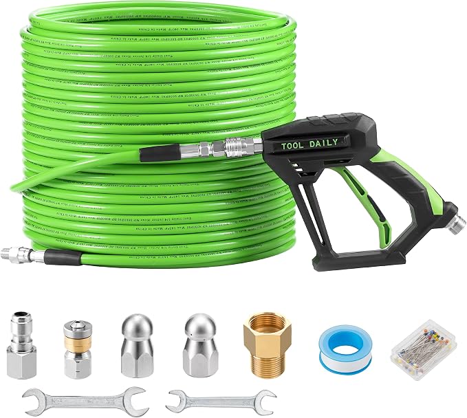 Tool Daily Sewer Jetter Kit for Pressure Washer 150 FT, Power Washer Gun | Drain Cleaner Hose 1/4 Inch NPT, Corner, Rotating and Button Nose Sewer Jetting Nozzle, 3600 PSI