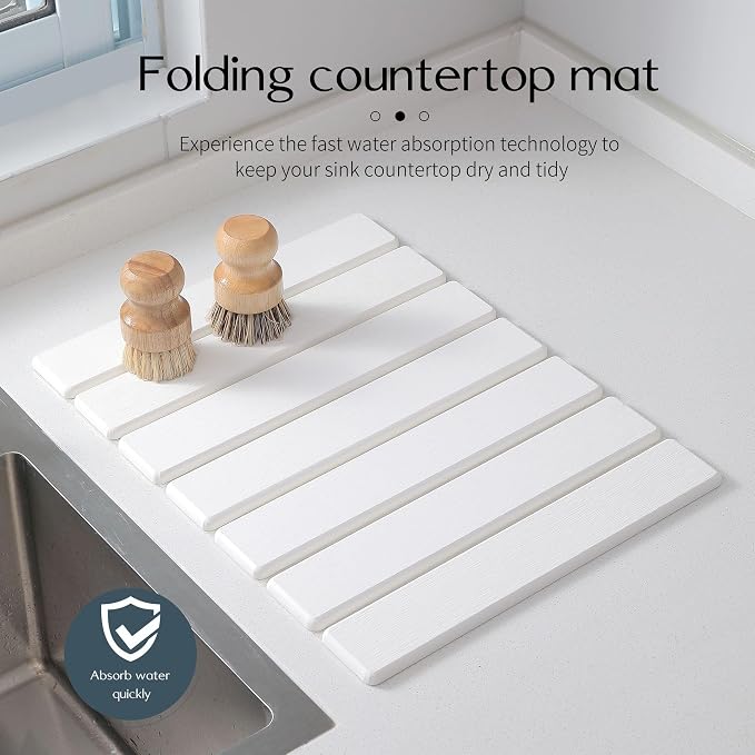 Large Stone Dish Drying Mats for Kitchen Counter 16"(L)×12"(W) Foldable Quick Dry Stone Dish Drying Mats Kitchen Absorbent Diatomaceous Earth Drying Stone Mat for Dishes Bottles Cups White