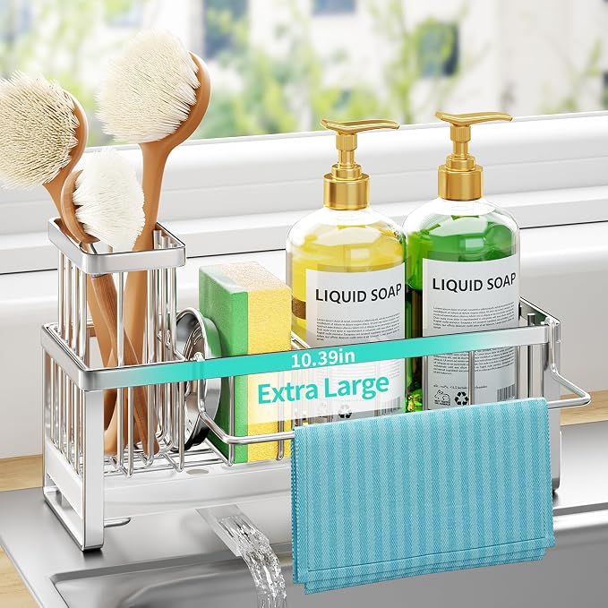 HapiRm Sponge Holder for Kitchen Sink - Self-draining Sink Caddy with Brush and Dishcloth Holder, Stainless Steel Sponge Caddy for Countertop - Silver(Large)
