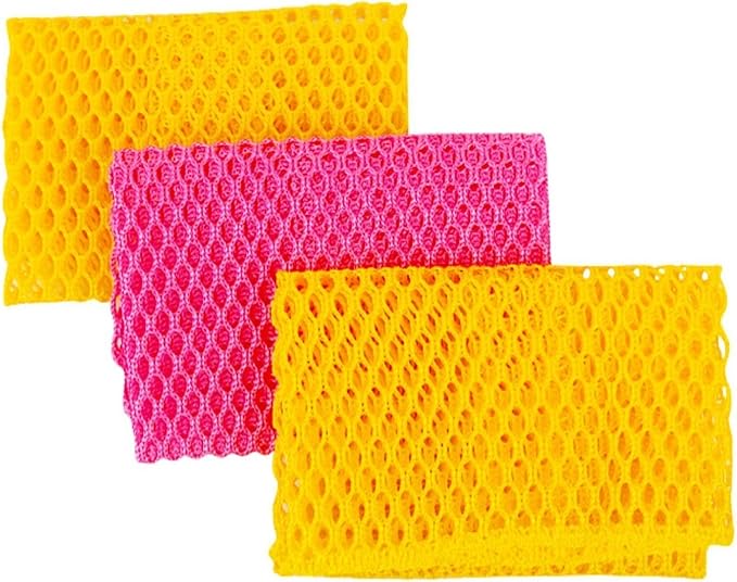 Innovative Dish Washing Net Cloths/Scourer - 100% Odor Free/Quick Dry - No More Sponges with Smell - Perfect Scrubber for Washing Dishes - 11 by 11 inches - 3PCS - Yellow/Pink/Yellow or