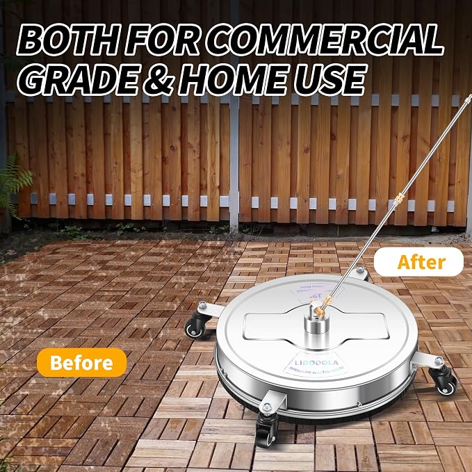 LidoDola 19'' Pressure Washer Surface Cleaner, Power Washer Accessory | Stainless Steel Housing with 4 Wheels, 1/4" QC, 2 Extension Wands & 2 Replacement Nozzles, for Gas & Electric Pressure Washer