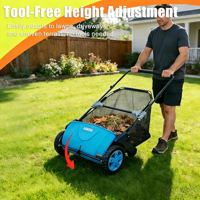 GarveeLife Manual Push Lawn Sweeper 21-Inch, Yard Leaf & Debris Collector with 3.5 Cu. Ft. Collection Bag, Adjustable Brush Height for Lawns & Driveways, Foldable Storage Design