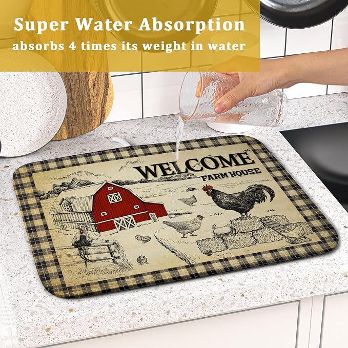 Farmhouse Rooster Dish Drying Mat 16x18 Inch Country Chicken Absorbent Dish Drainer Mat Reversible Countertops Protector Pad Kitchen Accessories
