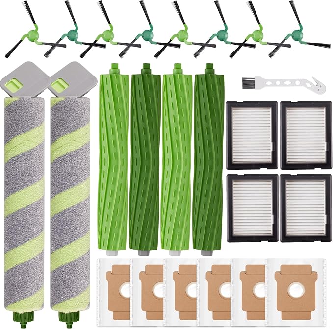 Replacement Parts for iRobot Roomba Max 705 Combo /705X Robot Vacuum & Mop | 25 Pack, 2 Roller Mops, 4 Rubber Brushes, 6 Vacuum Bags, 4 HEPA Filters, 8 Side Brushes, 1 Cleaning Brush