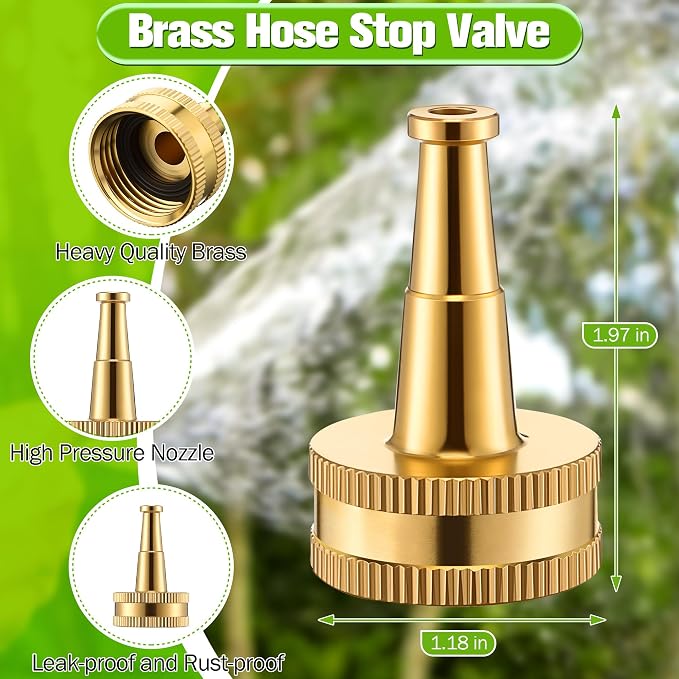 3 Pcs Brass Hose Nozzle Kit, Adjustable Twist Garden Hose Nozzle with High Pressure Jet Spray, Brass Shut off Valve, 10 Rubber Washers, 3/4 Inch Ght for Watering Plants, Car Wash, Cleaning