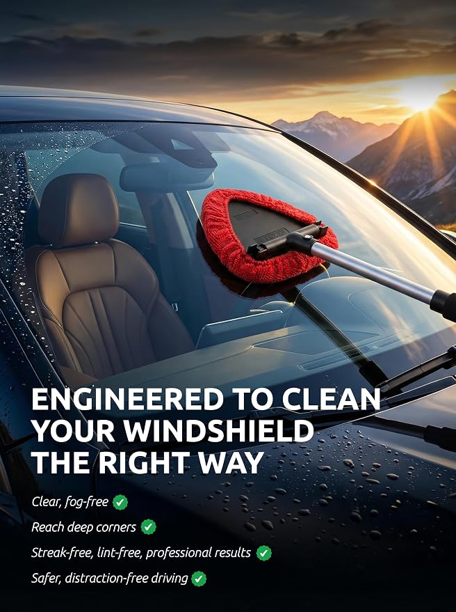 TAKAVU Window & Windshield Cleaner, Extendable, 3 Microfiber Pads (Red) | Pivoting Triangle Head Wiper Cleans Interior & Exterior Glass, 3 Washable Reusable Bonnets, Lint-Free