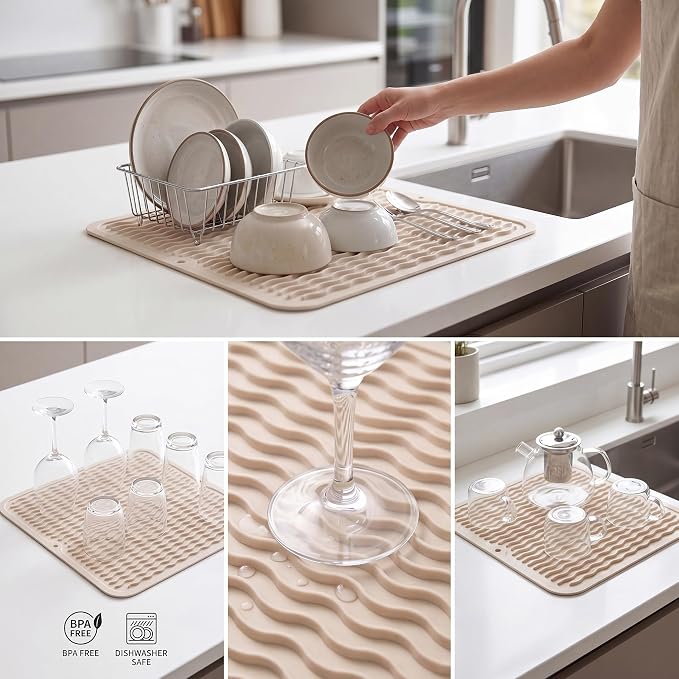MicoYang Silicone Dish Drying Mat for Multiple Usage,Easy clean,Eco-friendly,Heat-resistant Silicone Mat for Kitchen Counter or Sink,Refrigerator or Drawer liner Tapioca M 12 inches x 12 inches