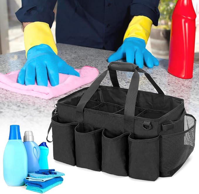 HODRANT Extra-Large Cleaning Caddy with Handles & Multi Pockets | Large Capacity Tote Bag for Cleaning Tools & Products Storage, Cleaner Organizer for Car, Home & Housekeeping Work, Black