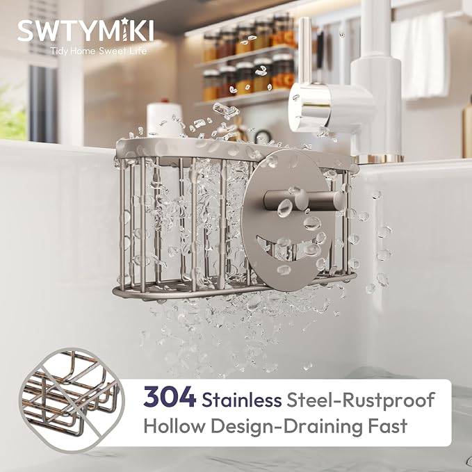 SWTYMIKI Sponge Holder for Kitchen Sink - Movable Sink Caddy with Smiley Face Sponge Holder, Rustproof Hanging Sponge Organizer in Double Bowl Sinks Depth>3.15in, Middle Divider<1.5in, Sand Nickel