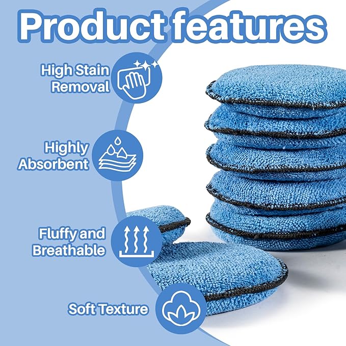 Sukh 12 Pack Microfiber Applicator Pads - 4.72 Inch Car Wax Applicator Pads | Round Blue Foam Sponges for Car Waxing, Buffing and Fine Polishing, Ultra Soft High Density Auto Detailing Supplies Set