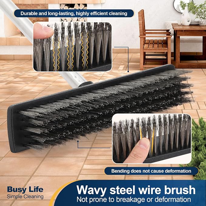 Yocada Stainless Steel Wire Scrub Brush with 65" Long Handle Heavy Duty | Outdoor Wire Metal Brush Scrubber Broom for Deck Crack Patio Pavement Sidewalk Driveway Moss Remover