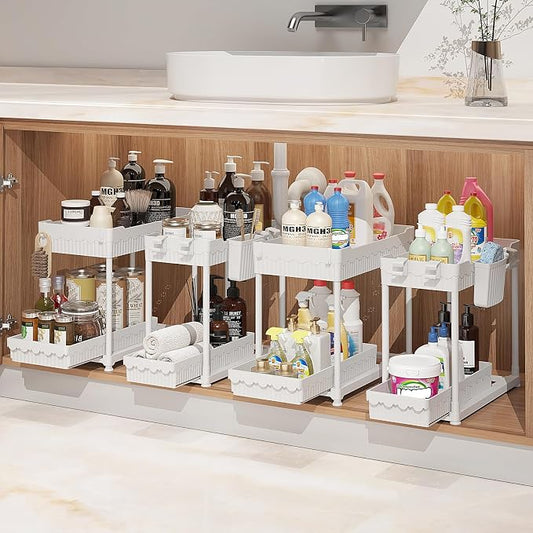 Sevenblue 4-Pack 2-Tier Under Sink Organizer with Pull Out Drawers | Multi-use kitchen & bathroom storage. Includes hanging hooks and cups. White, space-saving cabinet design. 14.8 Inch