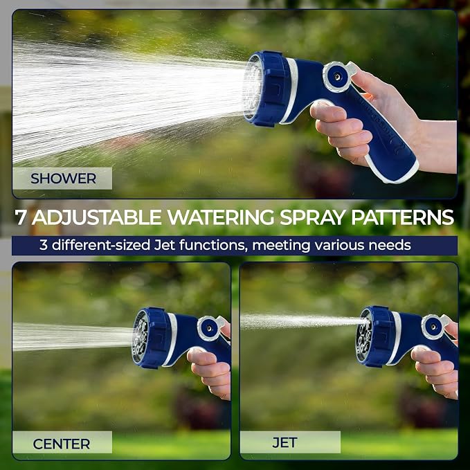 HugeDawn Garden Hose Nozzle with 7 Spray Patterns, Heavy Duty Metal Sprayer 30% Greater Water Flow for Watering, Car Wash, Outdoor Cleaning (Blue)