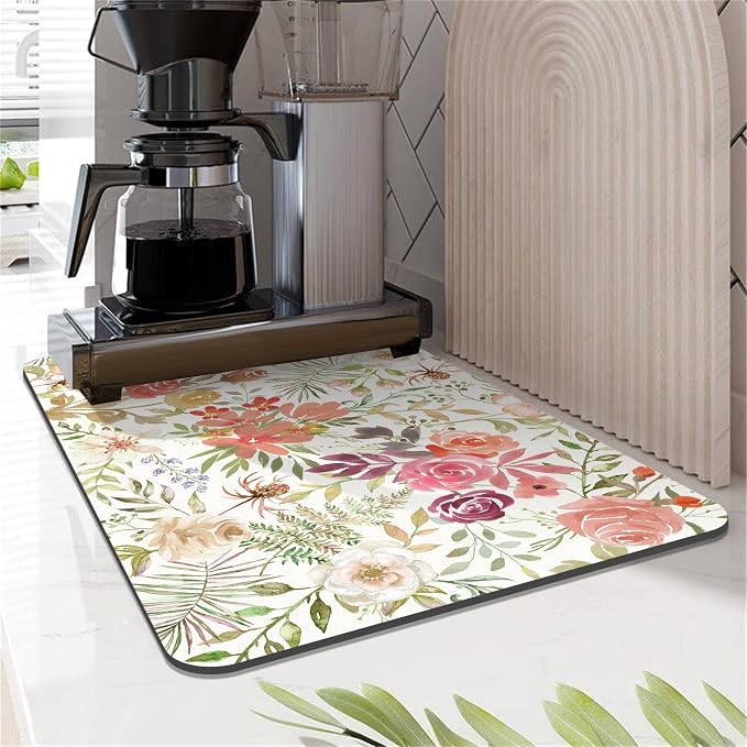 LOKHOM Dish Drying Mat for Kitchen Counter, 12"x20" Absorbent Coffee Bar Mat with Pink Roses Petals , Dish Drainer Rack Mats for Kitchen Counter Coffee Maker Coffee Pot Dining Room Decoration