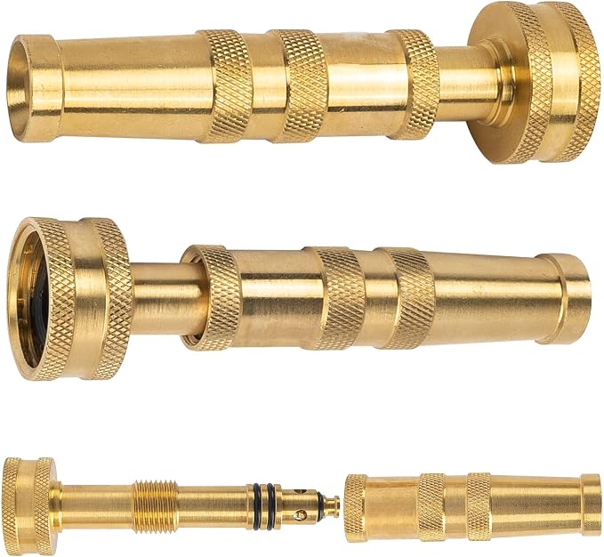 Hourleey Adjustable Twist Hose Nozzle, 4" Heavy-Duty Brass 3/4" GHT Hose Nozzle with 2 Garden Hose Rubber Washers (1 Pack)