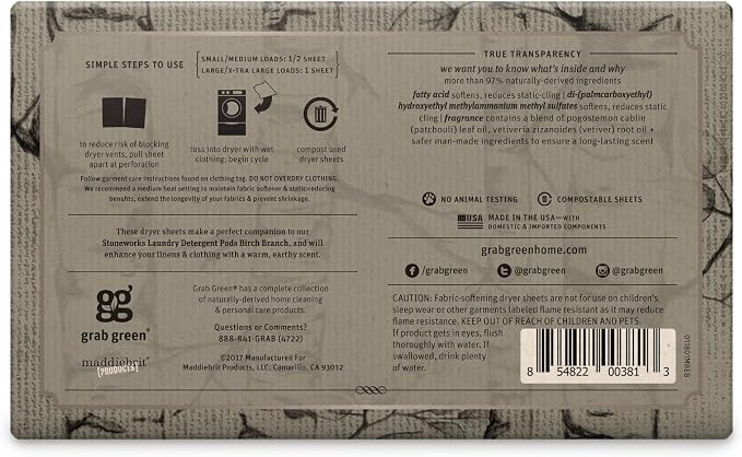 Grab Green Stoneworks Dryer Sheets, Birch Branch, 80 Count, Compostable | Softens fabrics; Reduces Static; Cruelty-free; Plant & Mineral Based; No Harsh Chemicals