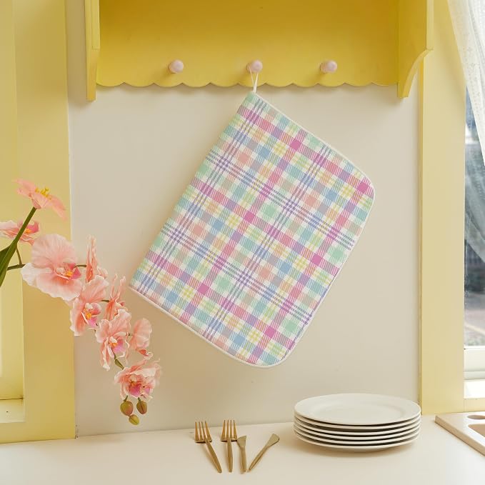 Spring Dish Drying Mat 18x24 Inches For Kitchen Counter Absorbent Easter Colorful Plaid Kitchen Decoration Pink Green Drying Mat Pad For Home Kitchen,Dining Room,Office Decor