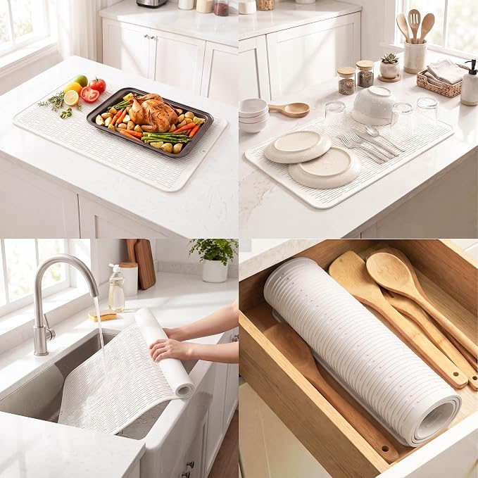 MicoYang Silicone Dish Drying Mat for Multiple Usage,Easy clean,Eco-friendly,Heat-resistant Silicone Mat for Kitchen Counter or Sink,Refrigerator or Drawer Liner White 4XL 32 inches x 18 inches