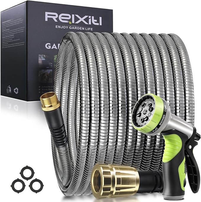 100FT Metal Garden Hose - Stainless Steel, Heavy Duty, Flexible & Lightweight, Never Kink and Tangle, with 10-Function Nozzle, Pressure Resistant for Outdoor Use (Yellow)