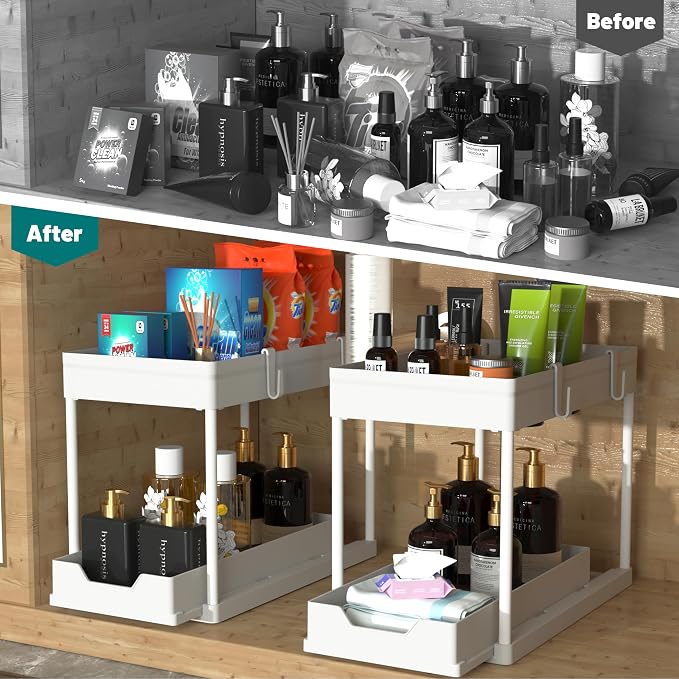 MEAFBIRD 2 Pack Under Sink Organizer, 2 Tier Bathroom Cabinet Organizer with Sliding Basket, Multi-Purpose Under Sink Organizers and Storage for Bathroom Kitchen (White 2 Pack)
