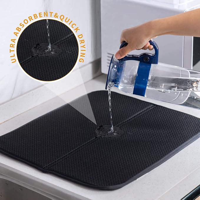 2 Pack Dish Drying Mat, Microfiber Dish Drainer Mat 16x18 inch Large Size Dish Drying Pad, Ultra Absorbent Dish Drying Mats for Kitchen Counter, Coffee, Rack