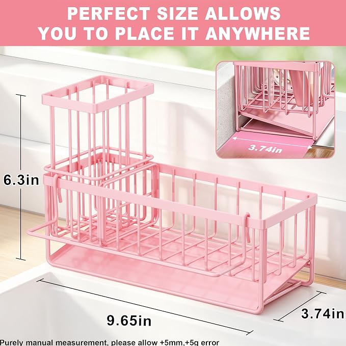 Sponge Holder for Kitchen Sink, Kitchen Sink Caddy, Kitchen Sink Sponge Holder, Dish Sponge Holder, Kitchen Sink Organizer for Sponge, Dish Brush, Scrubber(9.65" x 3.74" x 6.3", Pink)